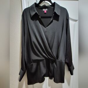 Vince Camuto Black Twist Front Blouse Size 2X Elegant Draped Top EUC
